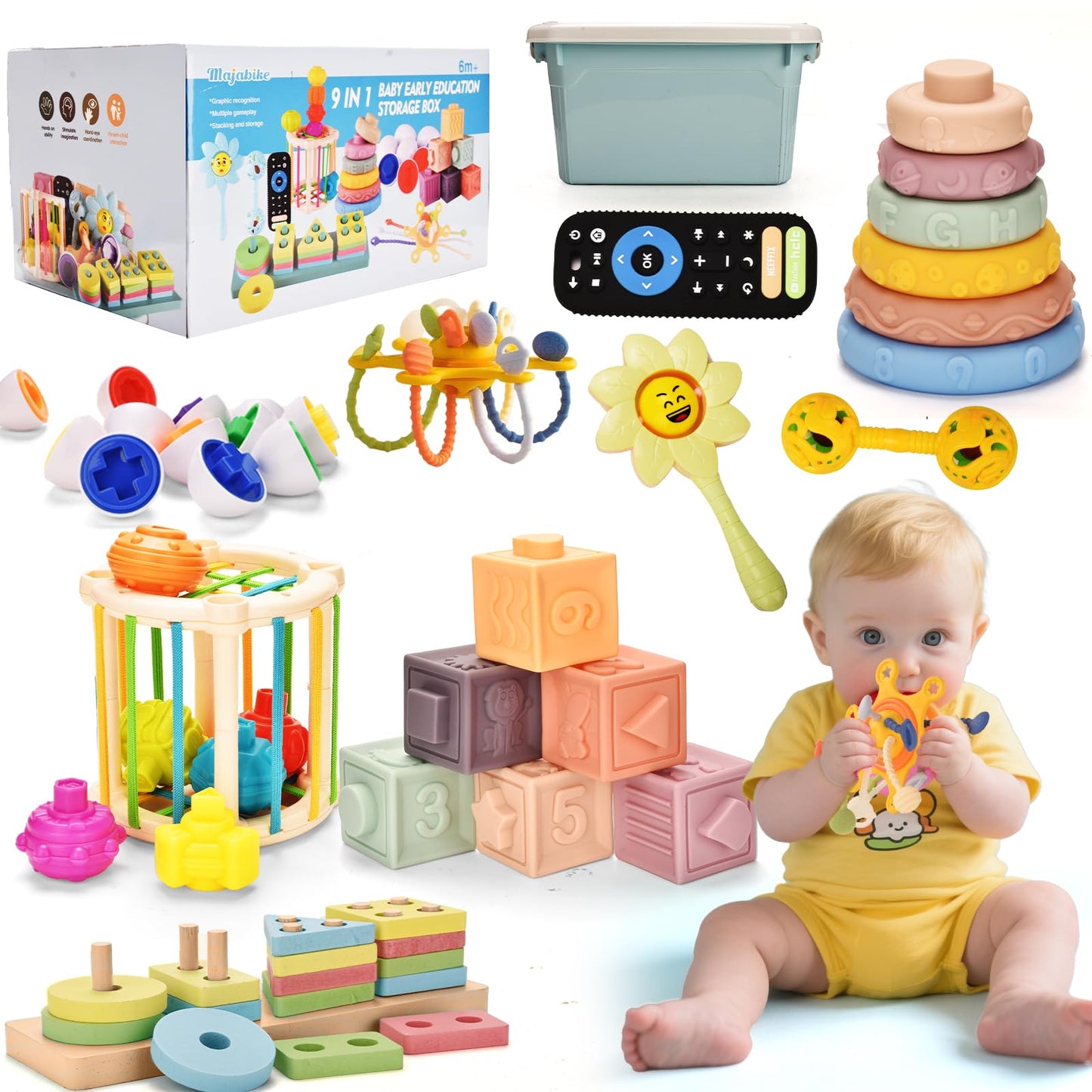 Majabike Baby Toys 6 to 12 Months 9 in 1 Montessori Teething Toys Sorting Sensory Educational Learning Gift for Toddlers Aged 1-3