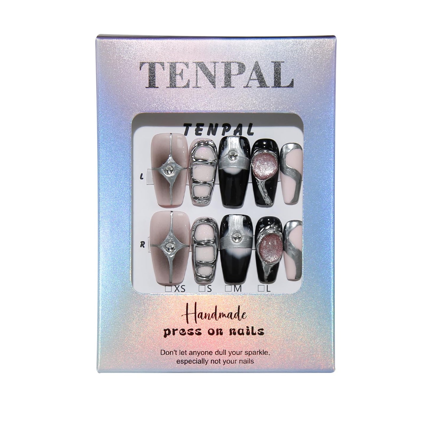 TENPAL Press On Nails Coffin,Sweet Edgy Crystal Cat Eye Nails with Pink/Black Galaxy Design,Hand-Painted Metallic Lines Aurora False Nails, Holographic Y2K Embossed Fake Nails 10pcs with Tools(XS)