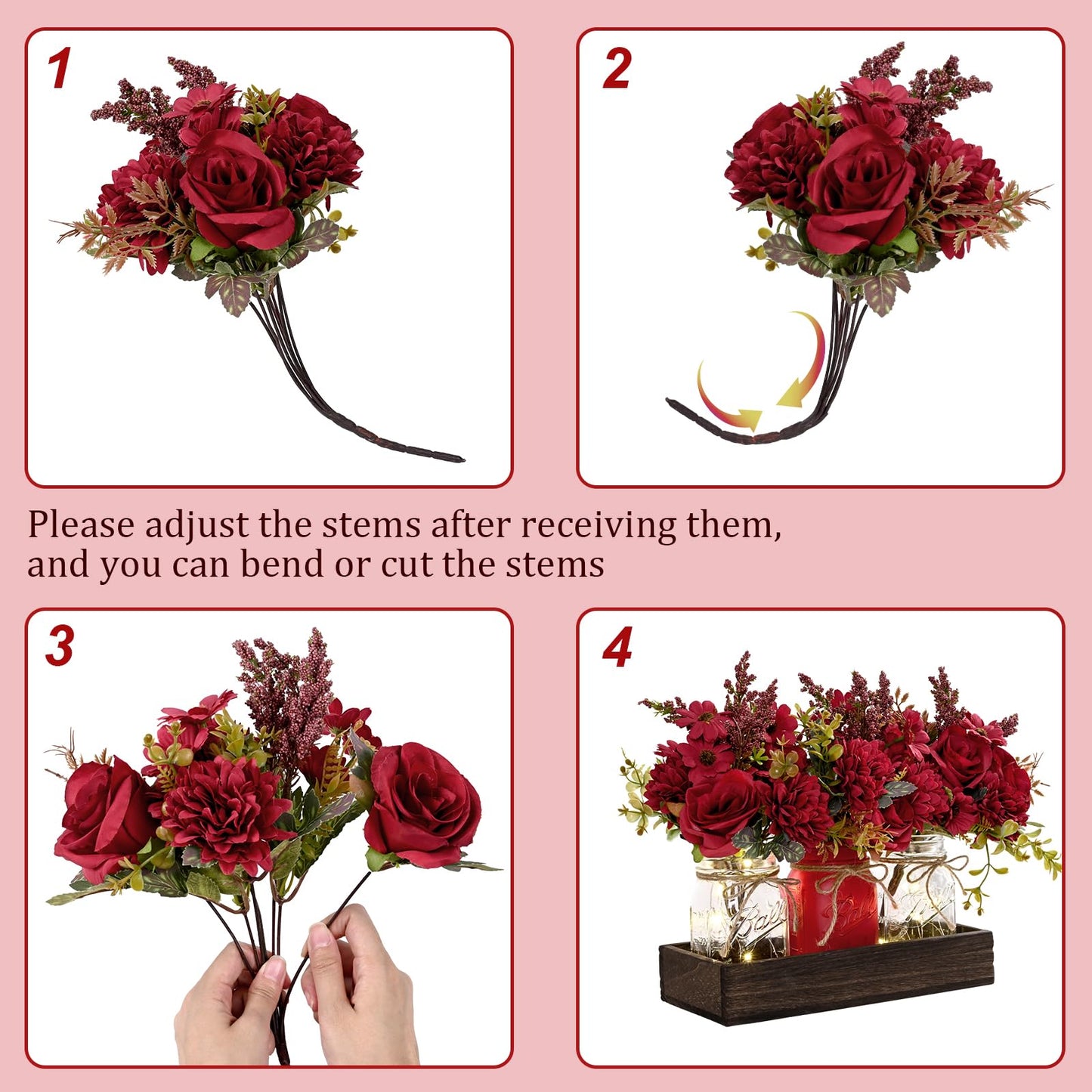 BLEUM CADE Centerpiece Table Decorations - Mason Jar Lights Centerpiece for Kitchen Dining Table Farmhouse Coffee Table Wedding Home Decor with 3 Jars Artificial Flowers & Wood Tray