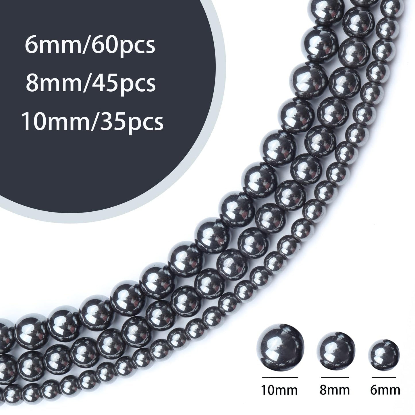 Siomia 45pcs 8mm Natural Black Hematite Beads Energy Healing Crystal Round Loose Stone Beads for Jewelry Making, DIY Bracelets Necklaces