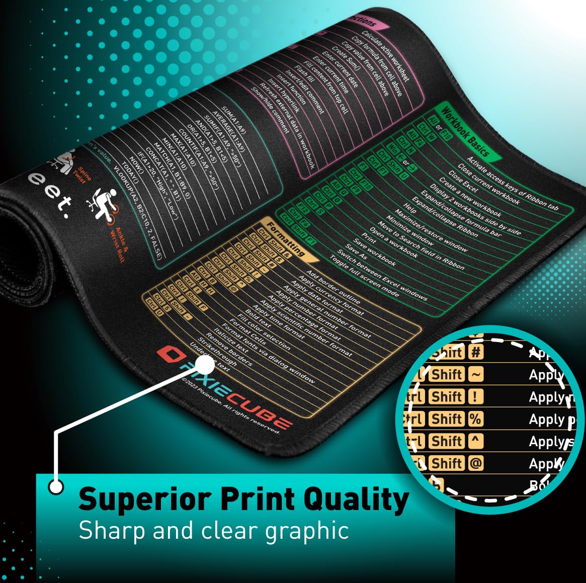 Pixiecube Excel Shortcut Keys Mouse Pad - Extended Large XL Cheat Sheet Gaming Mousepad | PC Office Spreadsheet Keyboard Mat | Non-Slip Stitched Edge