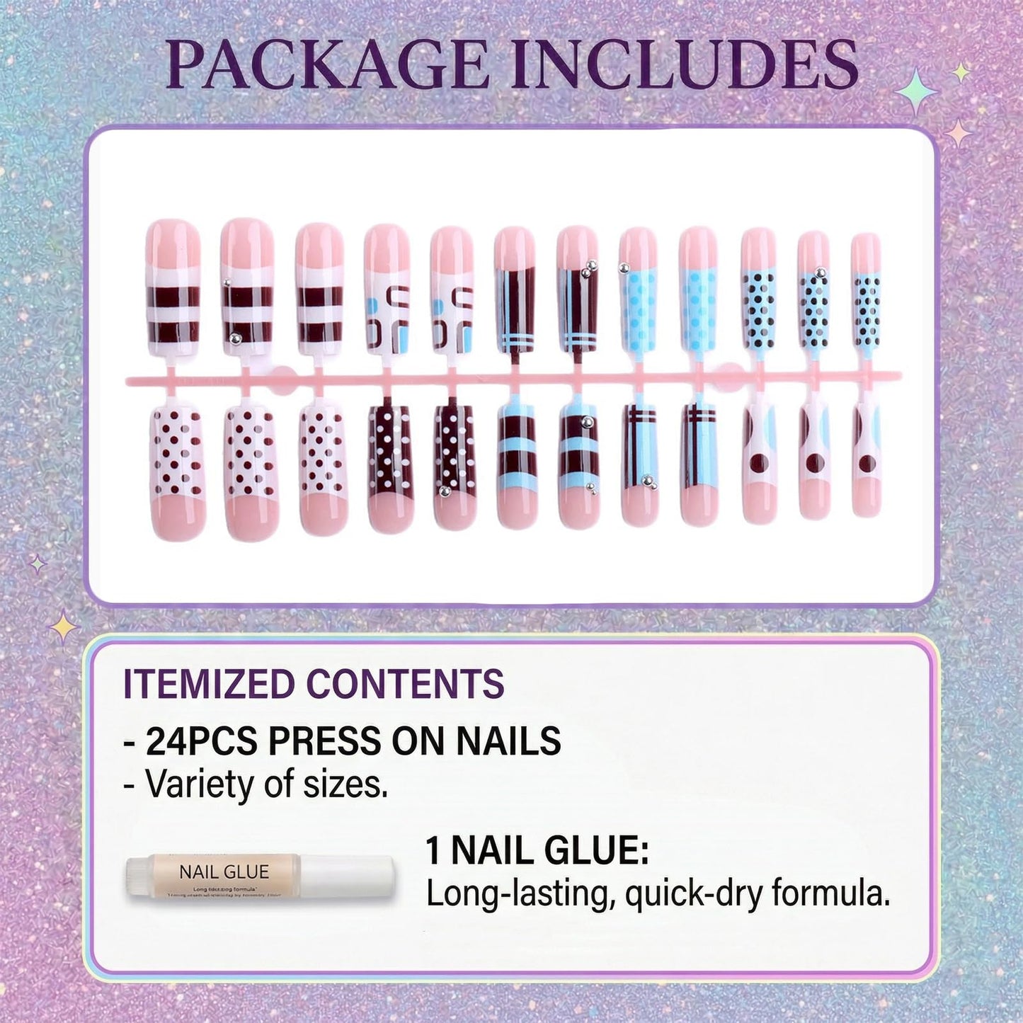 IMSOHOT Square Press on Nails, Long Fake Nails, Blue Geometric Polka Dot 3D Charm Design, 24 Pcs Reusable Glue on Nails for Women, Salon Quality