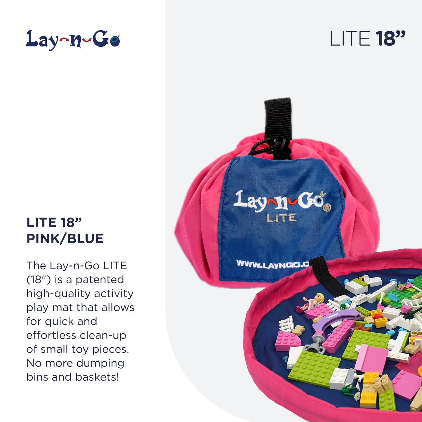 Lay-n-Go Layflat Portable Drawstring Cinch Storage Toy & Mini Figures Organizer & Play Mat, Mesh Pockets, Home & Travel, Kids & Toddlers Playdates, 2 Straps for Backpack, Durable, Machine Washable