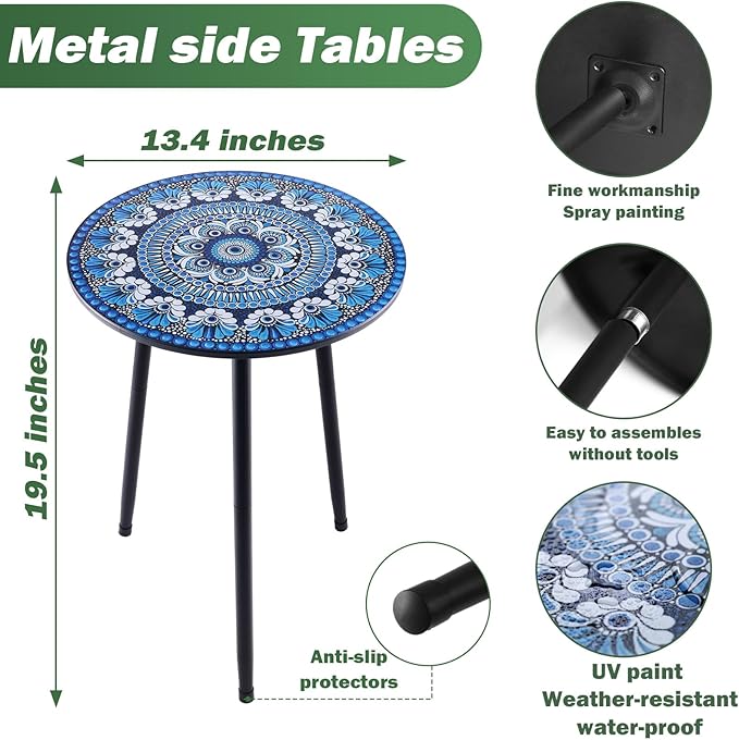 Party Zealot 1 Pack Metal Mosaic Round Side Table 13.4" Small End Table for Patio Round Accent Garden Corner Stand for Small Spaces Weather-Resistant for Balcony Plant Stand Indoor Outdoor