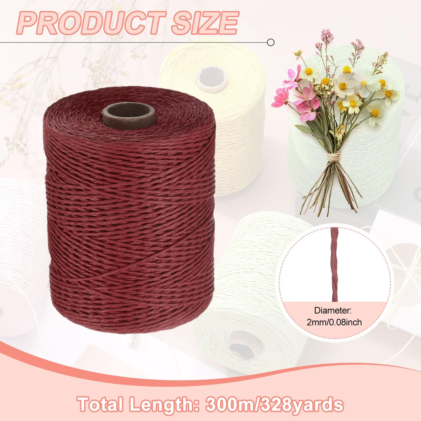 uxcell 328 Yards Raffia Ribbon, 2mm Raffia Twine Wrapping Ribbon Paper String Craft Wire for Gift Wrapping DIY Projects Flower Bouquet Making Decoration, Burgundy