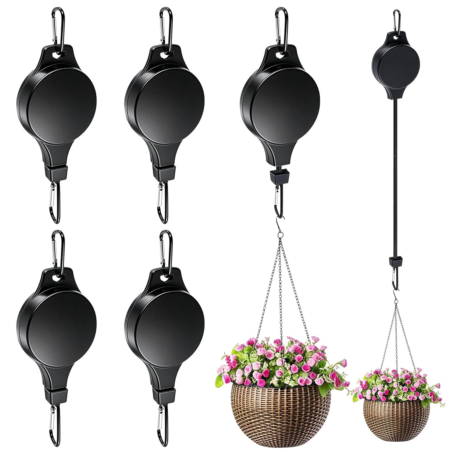 TERVEEX Retractable Plant Hanger with Pulley System, Effortless Raising and Lowering for Indoor and Outdoor Plants, Hanging Planters, Garden Pots & Bird Feeders (4-Pack,Black)