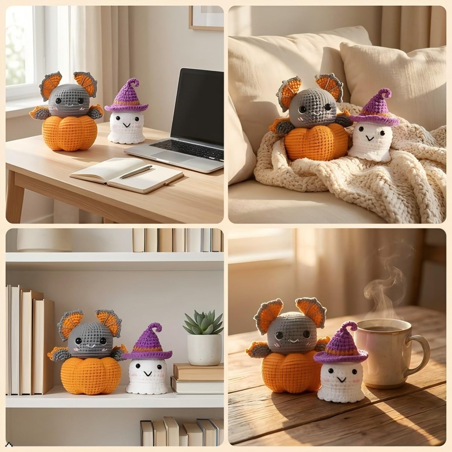 RongsiShun Halloween Crochet Kit for Beginners, Pumpkin and Ghost Amigurumi Set with Step-by-Step Video Tutorials, Extra Yarn & Hook, DIY Craft Gift for Adults Teens Kids