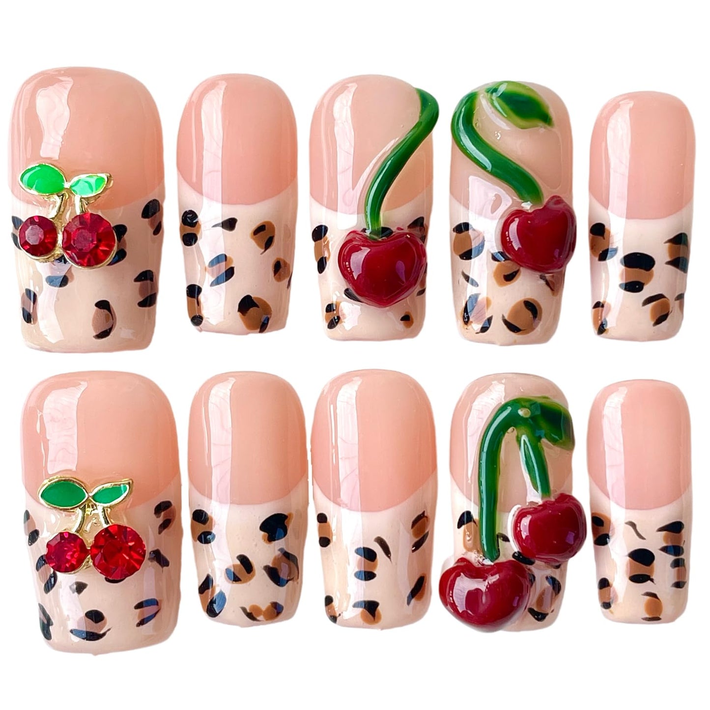 Handmade Press on Nails 3D Hand-scuplted Red Cherry Short/Medium Square False Nails | Leopard Print French Tips | Reusable Acrylic Fake Nails (Cherry Bouquet, M)