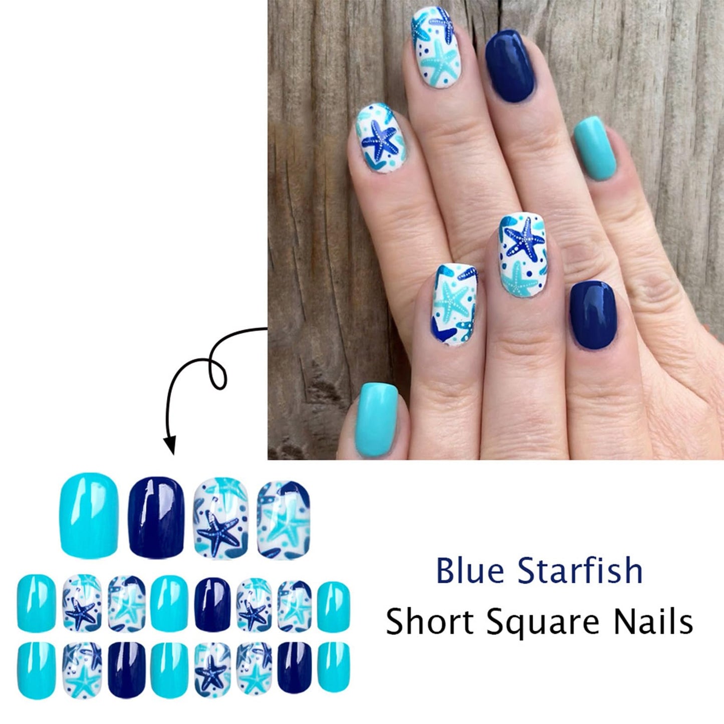 Summer Beach Press on Nails Short Square Cute Fake Nails with Blue Starfish Designs Glossy Acrylic Nails Press ons, 24Pcs Reusable Artificial Stick on Nails for Women Summer Manicure