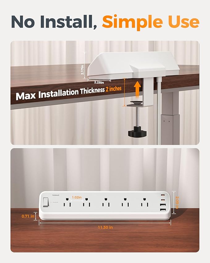 Desk Clamp Power Strip 10 Ft, TESSAN 2100J Surge Protector Desk Charging Station, 5 Outlets with 4 USB Ports (2 USB C), Flat Plug Extension Cord with Multiple Outlets for Gaming Home Office Dorm Room