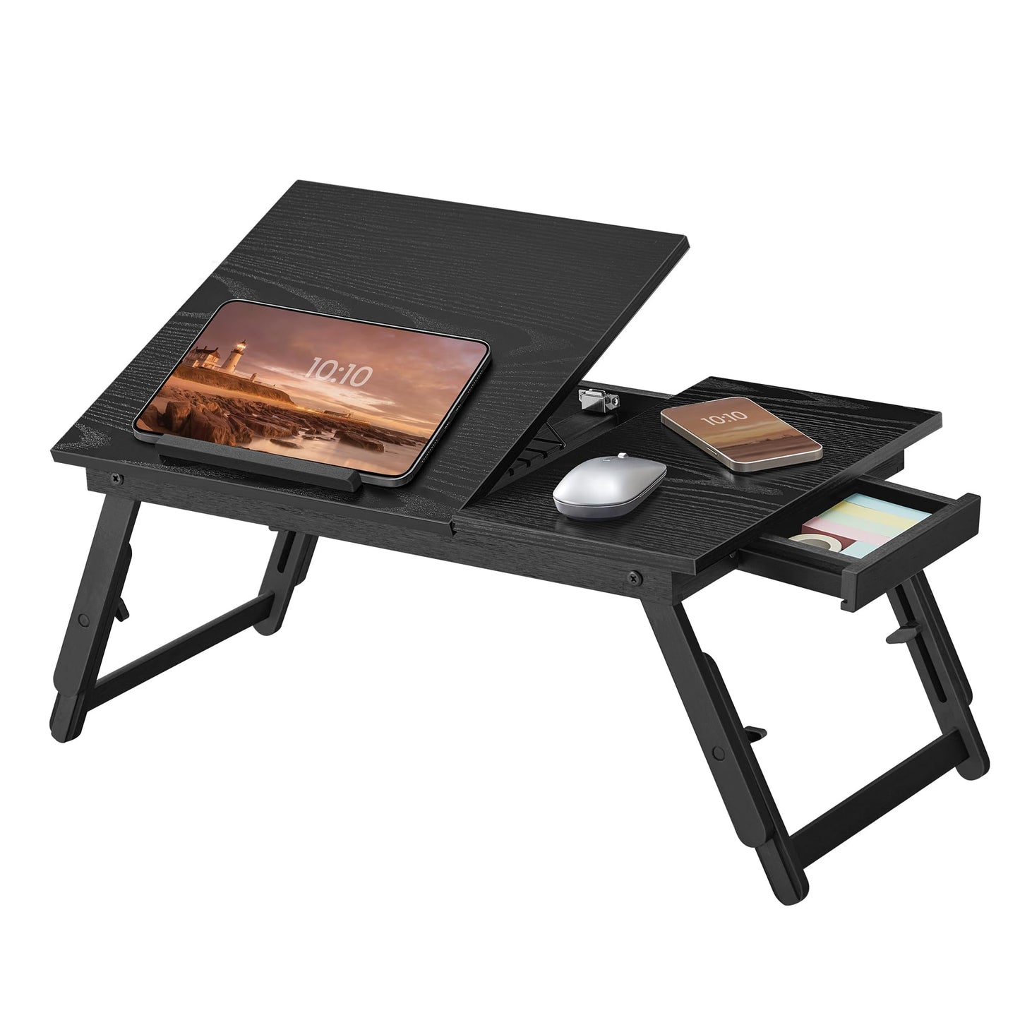 SONGMICS Bed Laptop Desk, Folding Bed Tray for Laptop up to 15.6 Inches, Adjustable Angle and Height, Portable for Working Reading Writing Breakfast, Bamboo Legs, Drawer, Ebony Black ULLD105BE01