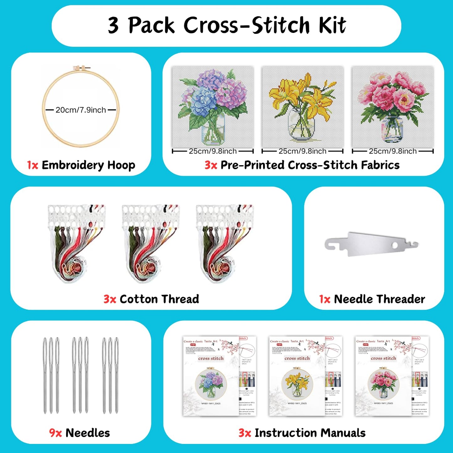 3 Pack Cross Stitch Kits for Beginners, Flower Stamped Cross Stitch Kits for Adults with Embroidery Hoop, Embroidery Kit 11CT Easy Partial Cross-Stitch Arts and DIY Crafts for Adults Home Decor
