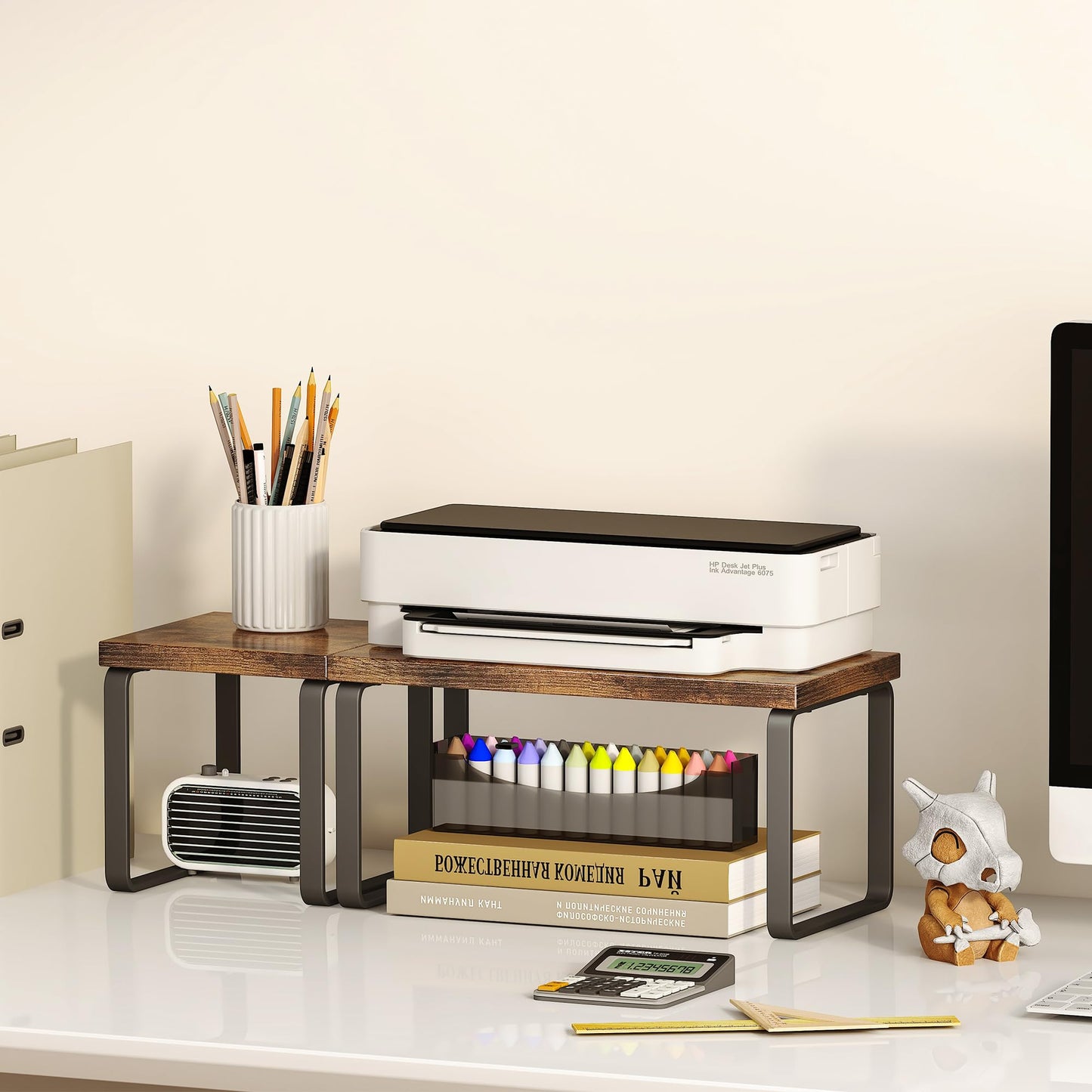 Homeiju Wooden Desktop Organizer Shelf, 2-Tier Adjustable Freestanding Bookshelf Desk Shelf, Stackable Desk Organizer for Office, Dorm, Bedroom, Space Saving, Easy Assembly, Rustic Brown (1 Pack)