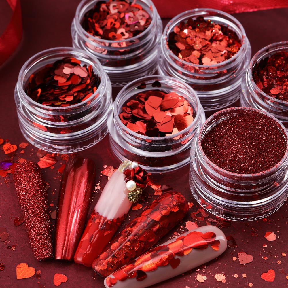 LPOODDNU Valentines Nail Art Glitters Red Nail Sequins Valentine’s Day Nail Art Decorations 3D Heart Shape Nail Decals Romantic Red Glitters Flakes for Nails Supply DIY Craft Accessories, 6 Grids