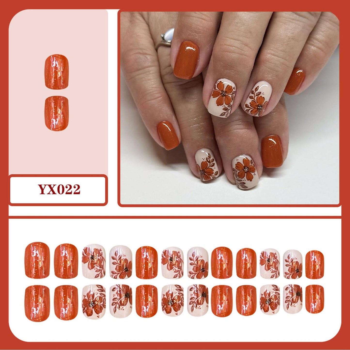 Fall Orange Press on Nails Short Square Glue on Nail with Burnt Orange Flower Design Beige Fake Nails, Glitter False Nail Press ons Artificial Manicure for Women Autumn 24Pcs