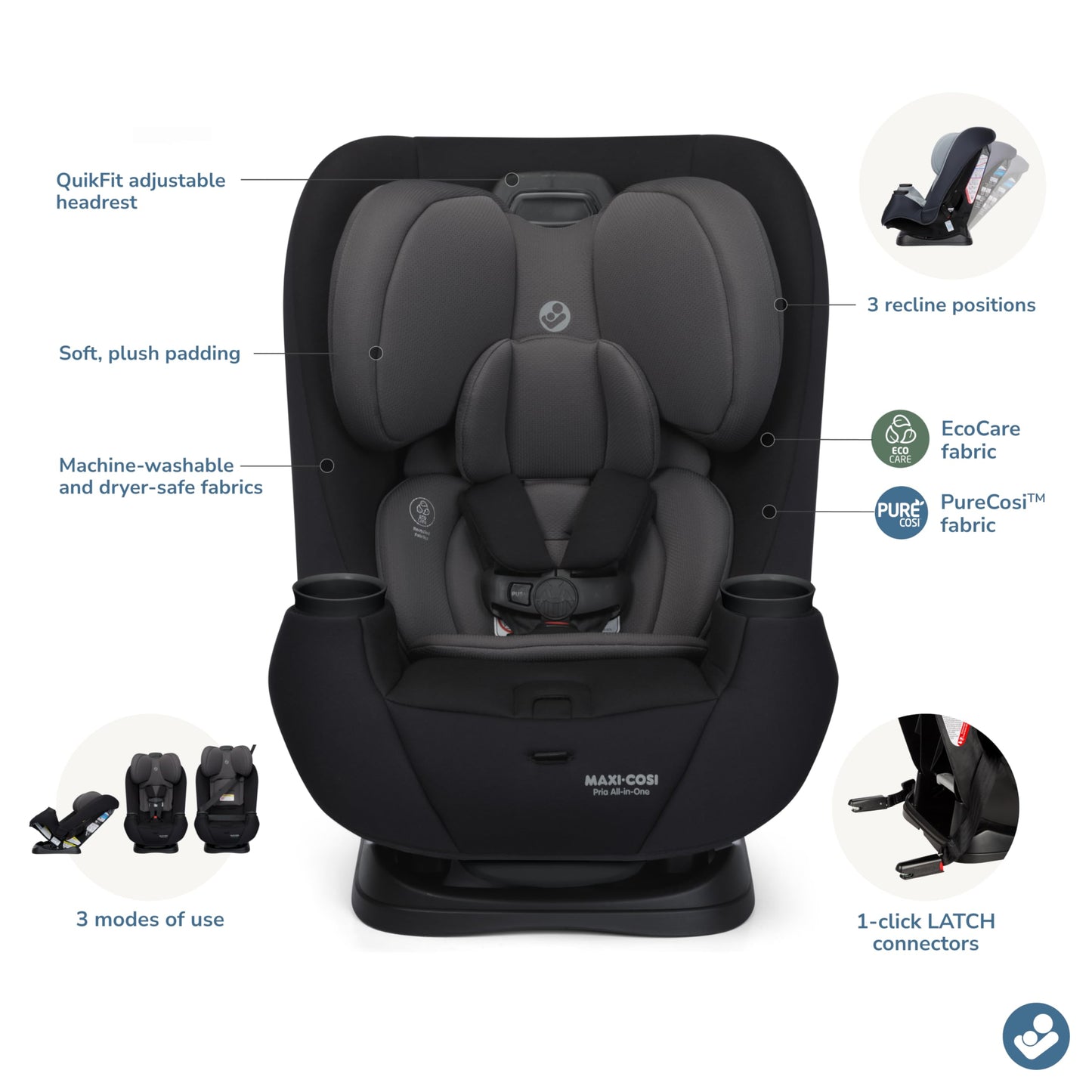 Maxi-Cosi Pria All-in-One Convertible Car Seat, Infant to Toddler Car Seat, Easy-Install Harness, Machine-Washable Cover, 5-100 lbs, Sea Shadow