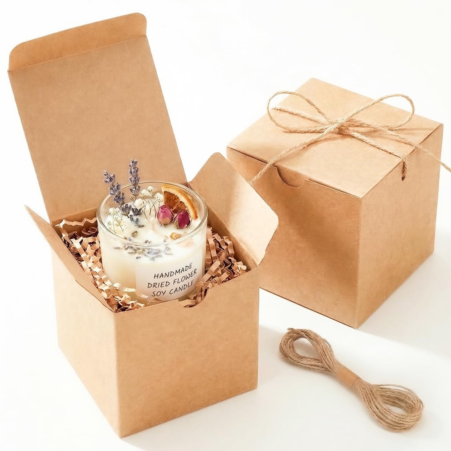 UnicoPak 30 Pack 4x4x4 Small Brown Gift Boxes with Lids & Twine - Premium USA Kraft Cardboard - Pop-Up Easy Assembly Gift Boxes for Presents, Candles, Mugs, Ornaments, Favors