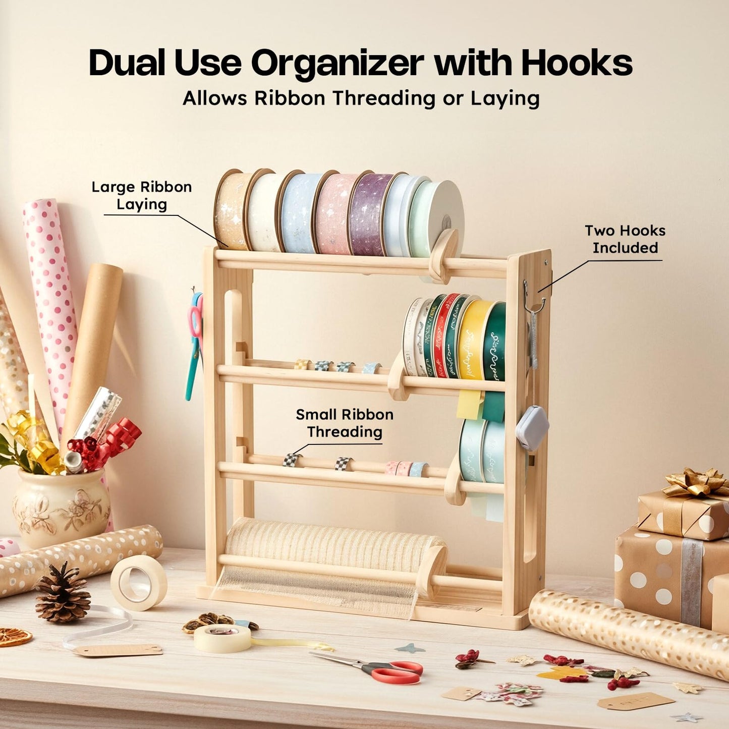 𝐂𝐫𝐚𝐟𝐢𝐭 Ribbon Storage Rack, 4-Tier Ribbon Organizer Spool Holder Dispenser, Display Sewing Thread Mesh Ribbon Wreath Washi Tape for Craft Room Shops Boutiques Florist Gift Wrapping