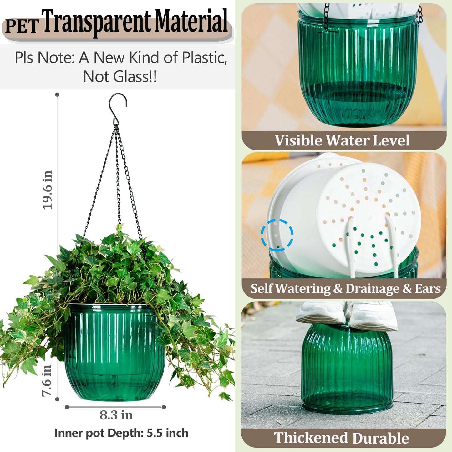 Melphoe 2Pack 6.5'' & 1Pack 8.3'' Self Watering Hanging Planters