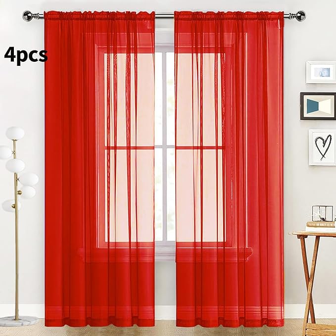 SpaceDresser Sheer Red Curtains 4 Panels Rod Pocket Semi-Sheer Curtain 96 Inches Long Light Filtering Voile Window Drapes for Bedroom Living Room Kitchen, Each 52W x 96L