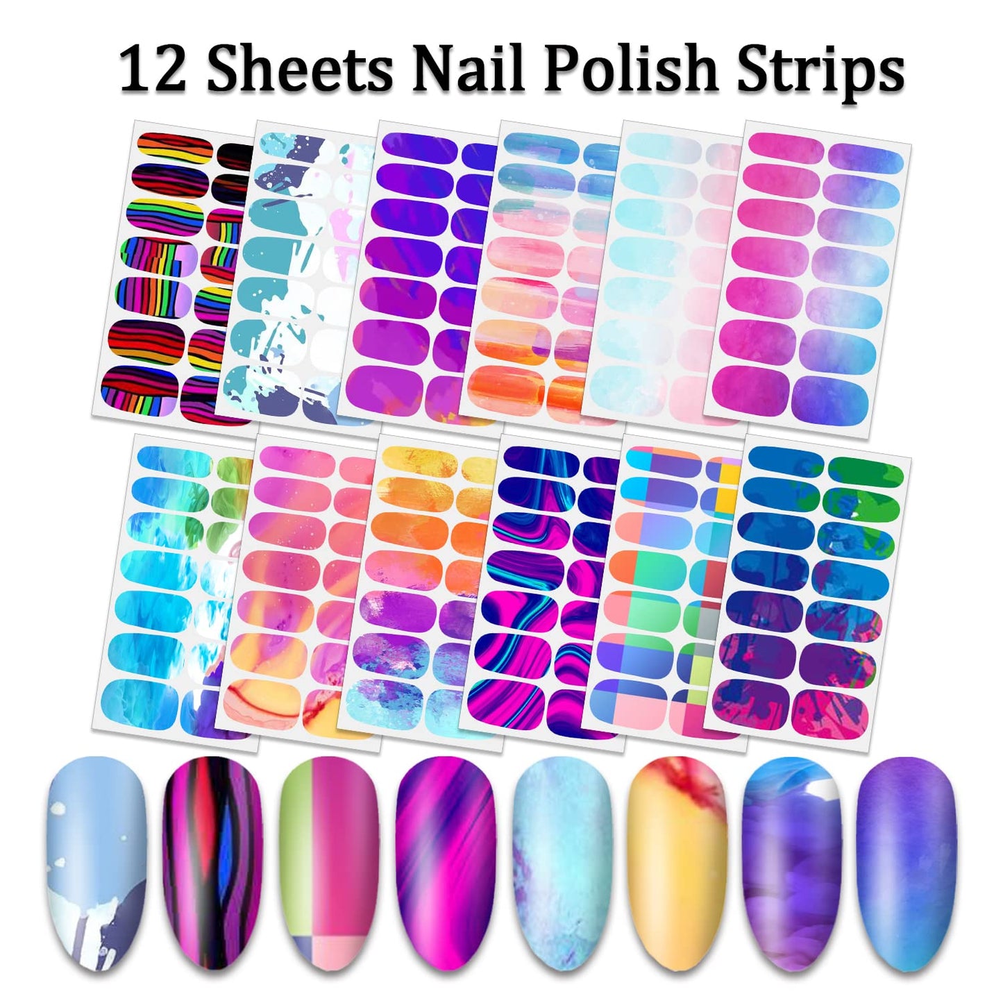 SILPECWEE Nail Polish Strips for Women Clashing Colors Nail Stickers Full Nail Wraps Adhesive Nail Polish Stickers Nail Strips Real Nail Polish with 1pc Nail File (12 Sheets)
