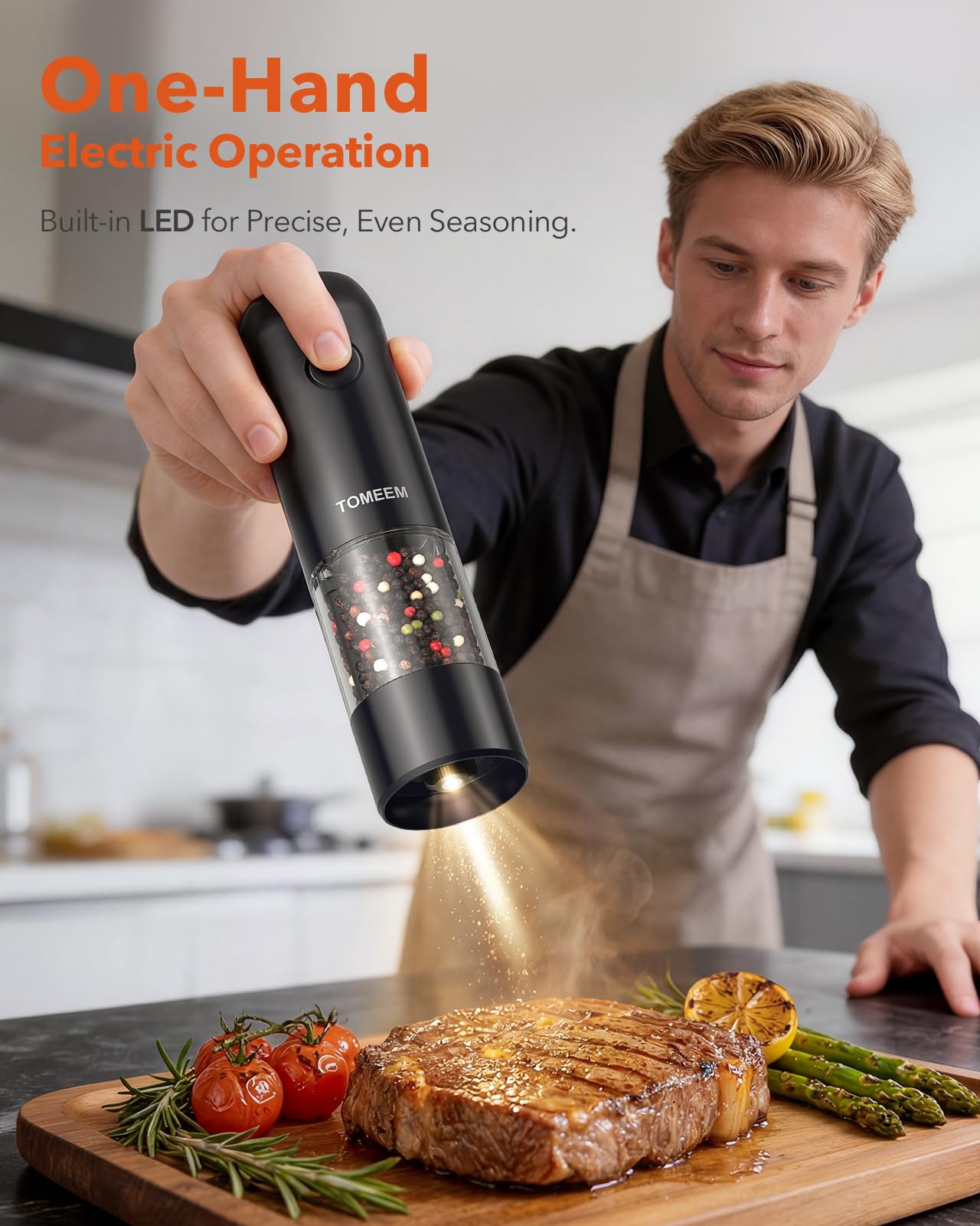 TOMEEM Electric Salt and Pepper Grinder Set with LED Lights，Rechargeable Automatic Pepper and Salt Mill with 6 Adjustable Coarseness, Dust Cover, One-Button Control for Cooking, Home Gifts