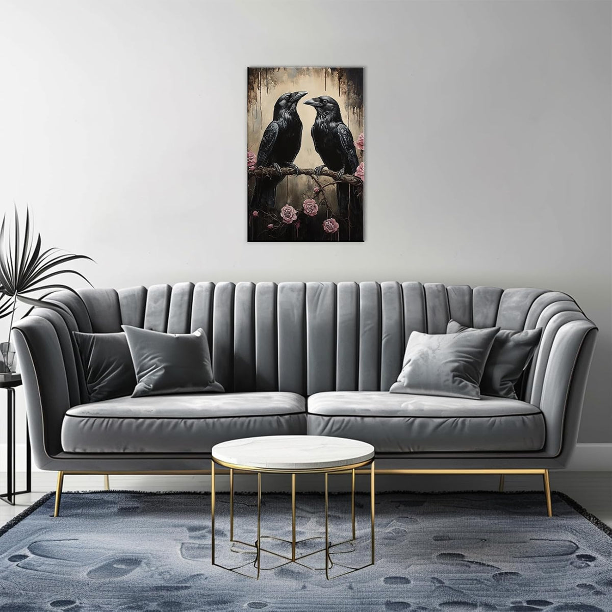 OAAPITI Crow Canvas Wall Art Black Raven Picture Print Pink Rose Poster Vintage Gothic Painting Artwork for Living Room Halloween Decor(Artwork-6,28"x42")