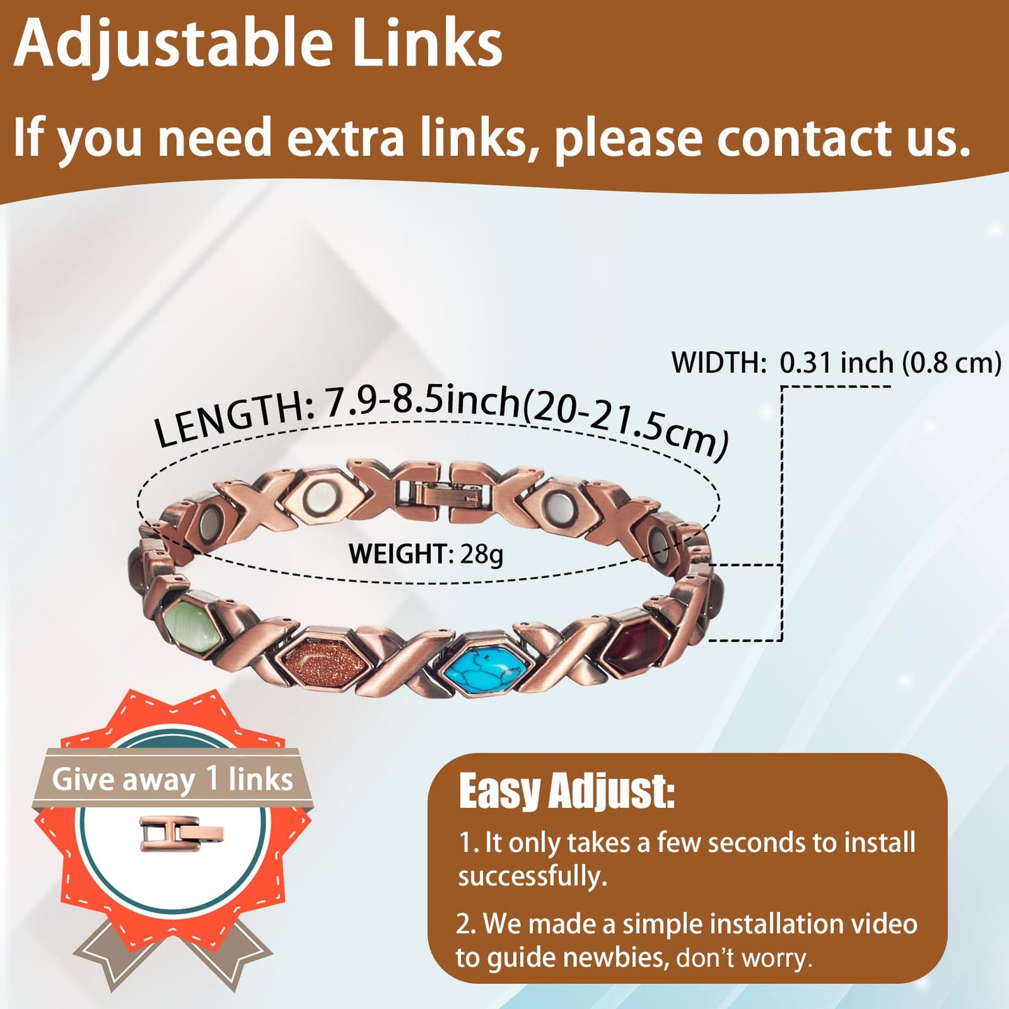 EnerCoppeX Copper Magnetic Bracelet for Women, Turquoise Detox Jewelry with 3500 Gauss Magnet (Type B)