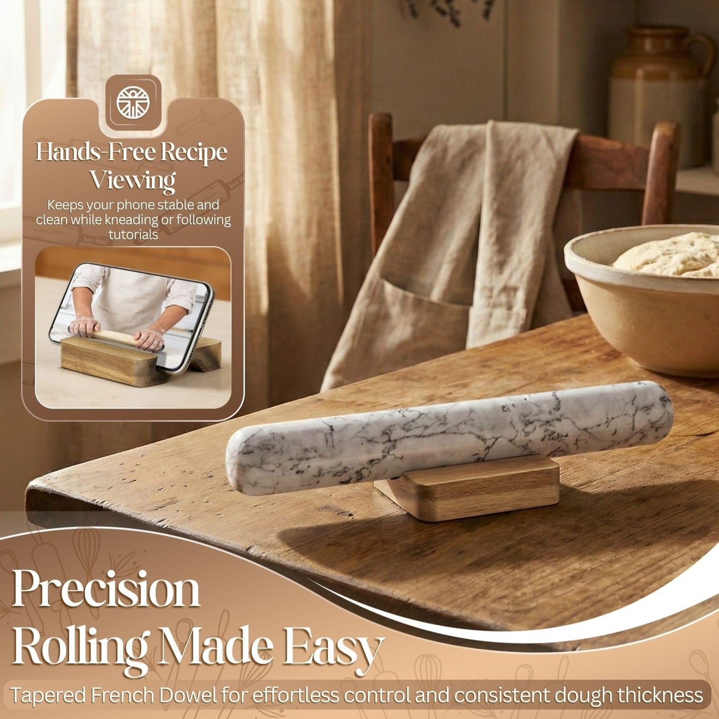 Flexzion French Rolling Pin, 12 Inch White Marble Rolling Pins for Baking with Wooden Base Holder Stand - Non-Stick Baking Roller for Baking Fondant, Crust, Pastry, Cookies, Pizza, Pasta