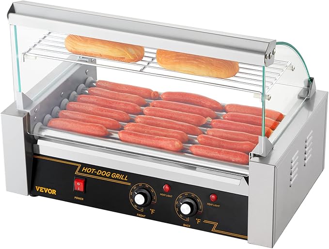 VEVOR Hot Dog Roller 7 Rollers 18 Hot Dogs Capacity 1050W Stainless Sausage Grill Cooker Machine with Dual Temp Control Glass Hood Acrylic Cover Bun Warmer Shelf Removable Oil Drip Tray, ETL Certified