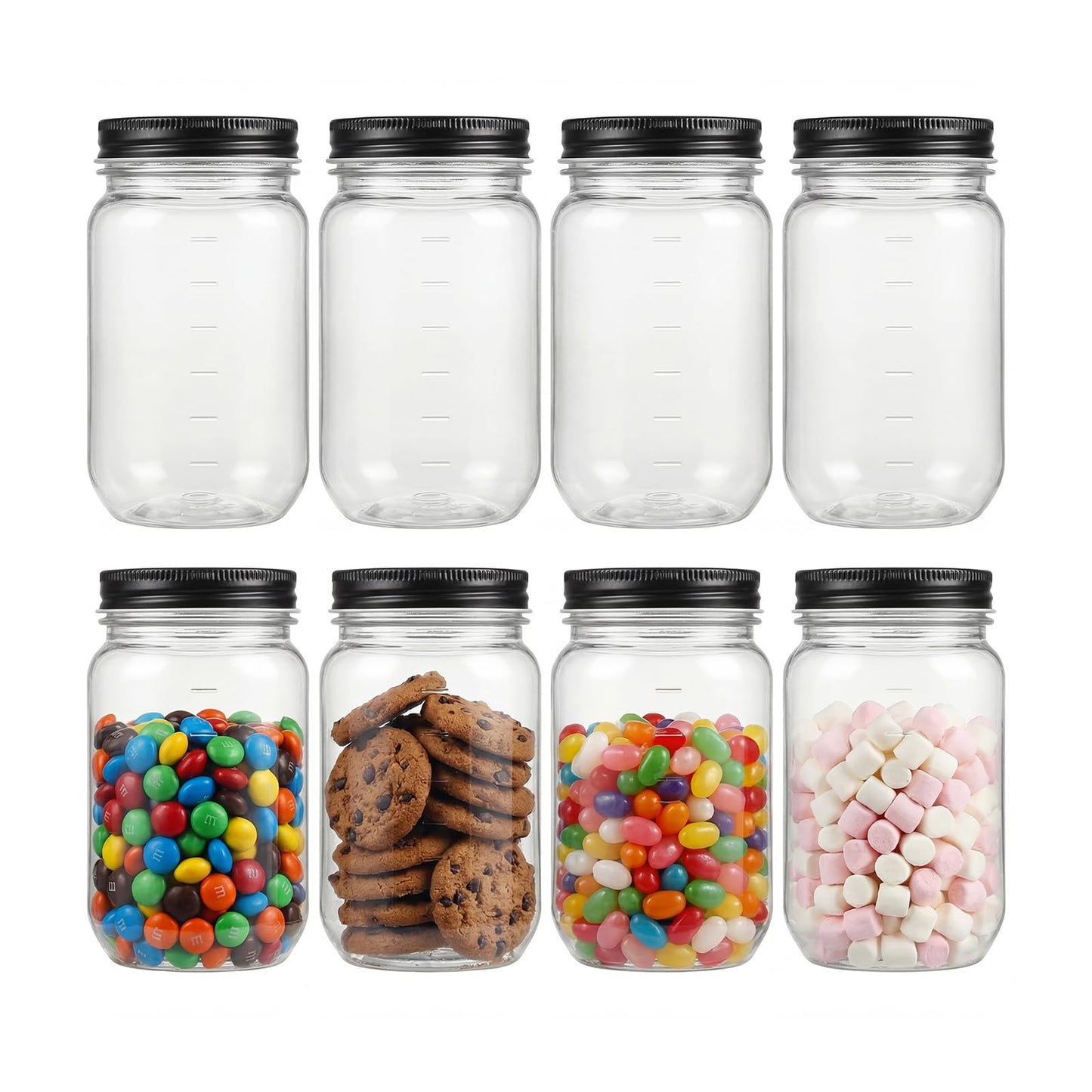 novelinks 16 oz Plastic Mason Jars with Lids, Refillable Clear Plastic Jars with Lids 16oz & Reusable Empty Storage Containers with Lids (Black,8 Pack)