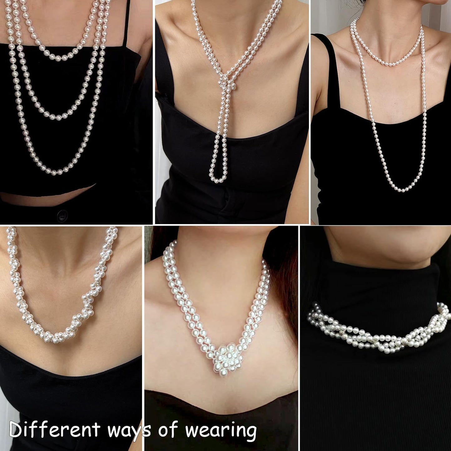 Zeffy Long Pearl Necklaces for Women Layered Faux White Pearl Beads Strand Layered Necklace Bridal Wedding Party 1920s Gatsby Costume Jewelry