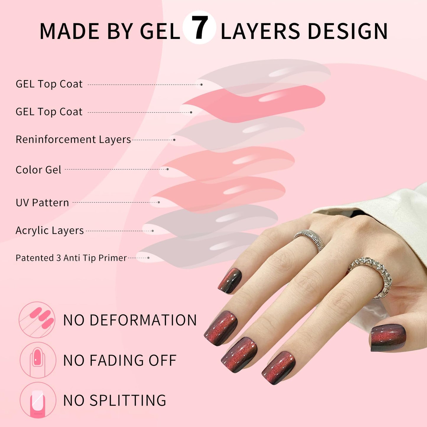 Brown Red Cat Eyes Press On Nails,12 Sizes-24 Pcs Soft Gel Brown Red Medium Square Fake Nails Kit with Nail Glue, Natural Reusable Stick On False Nails for Women and Girls (Skycloud Nails) SK0927