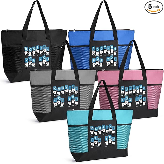 Roowest 5 Pcs Christmas Dentist Gifts Dental Hygiene Appreciation Gifts Tote Bags Mesh Pockets Tote Bags Zipper for Women(Multicolor)