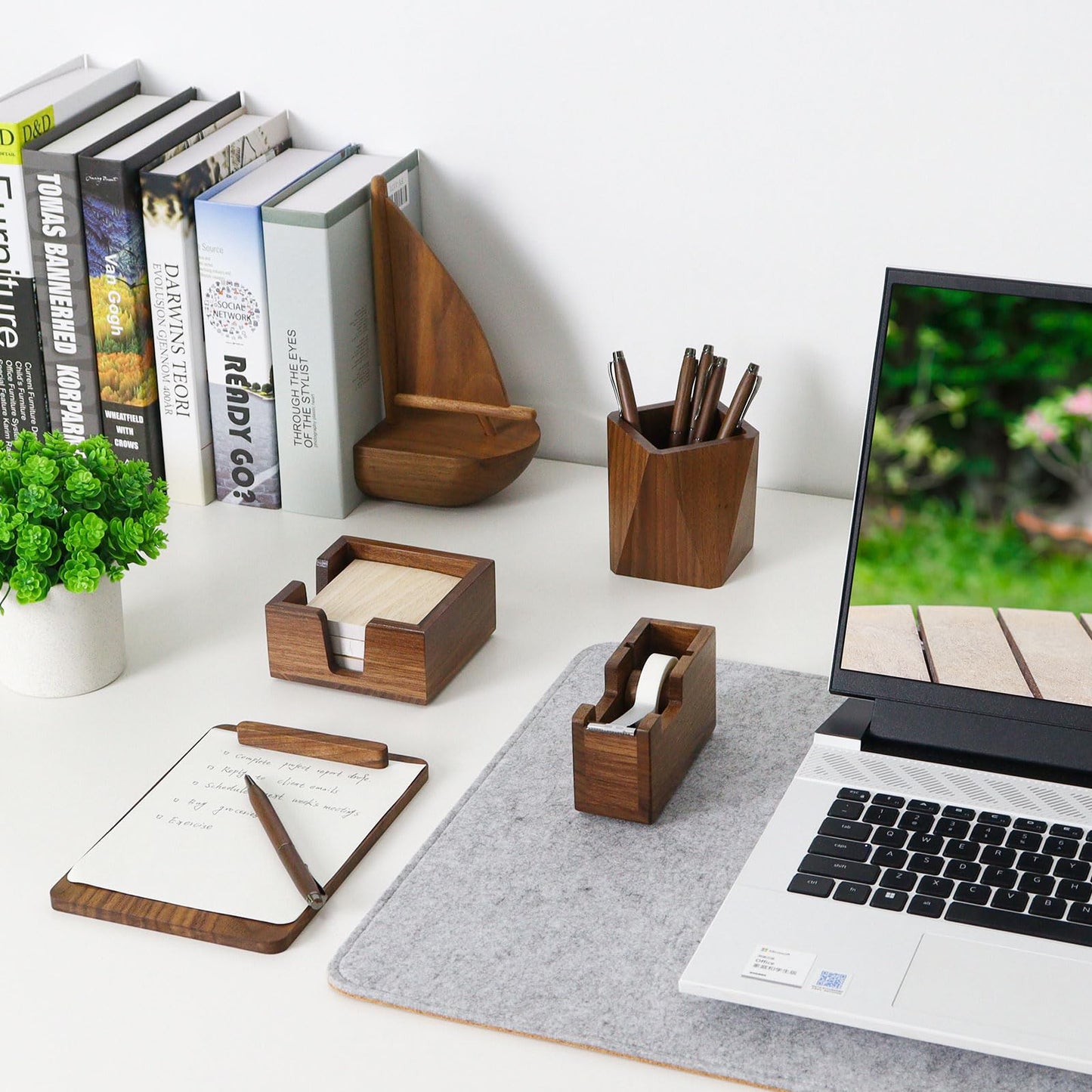 Buqoo Walnut Wood Sticky Note Holder and Tape Dispenser, Rhombic Pen Holder Desk Accessories for School N Home Office