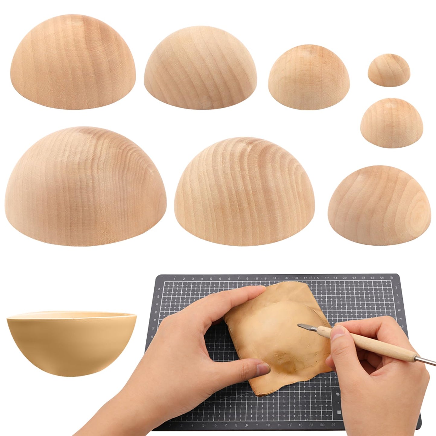 8Pcs Half Round Pottery Tools Set, Wooden Ceramic Top Forms & Plaster Molds for DIY Bowls, Plates, Dishes, Slump Press Art Making Supplies(Original,Size:8 Sizes)