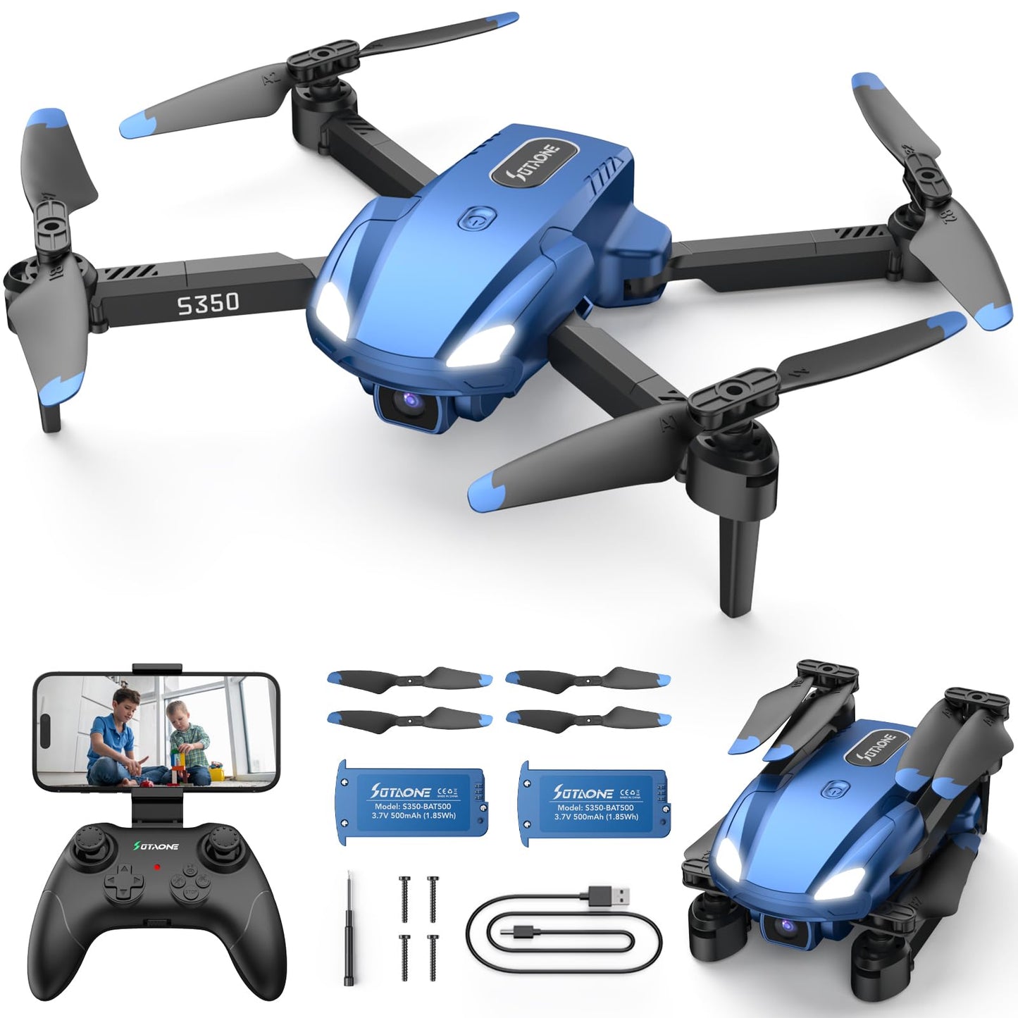Drone for Kids with 1080P HD Camera - S350 Foldable Mini Drones Toys Christmas Birthday Gifts for Boys Girls, RC Helicopter Quadcopter with Altitude Hold, One Key Start, 3D Flips, 2 Batteries, Blue
