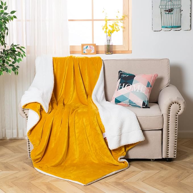 SOCHOW Sherpa Fleece Throw Blanket, Double-Sided Super Soft Luxurious Plush Blanket Throw Size, Mustard Yellow, 50x60 inches