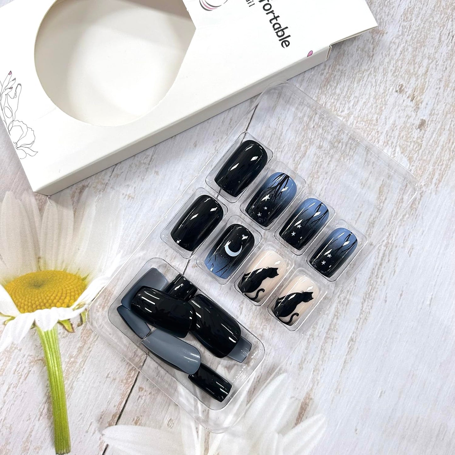 Press On Nails Medium Square Cute Cartoon Cat Stick On Black Sky Gradient Coffin Acrylic Full Cover Artificial Reusable Glue On for Women 24Pcs
