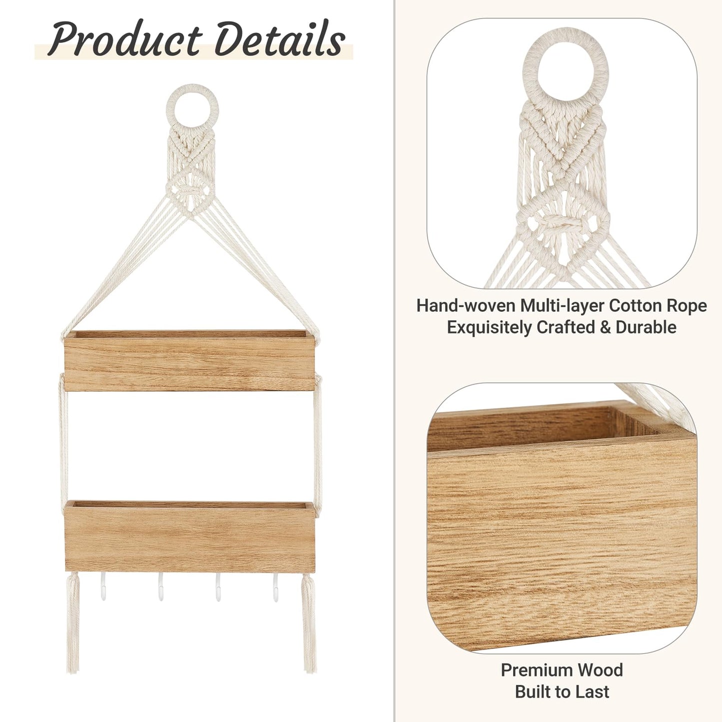 Mkono Macrame Hanging Shelves Boho Wall Decor Set of 2 and Bedside Shelf Organizer with Hooks