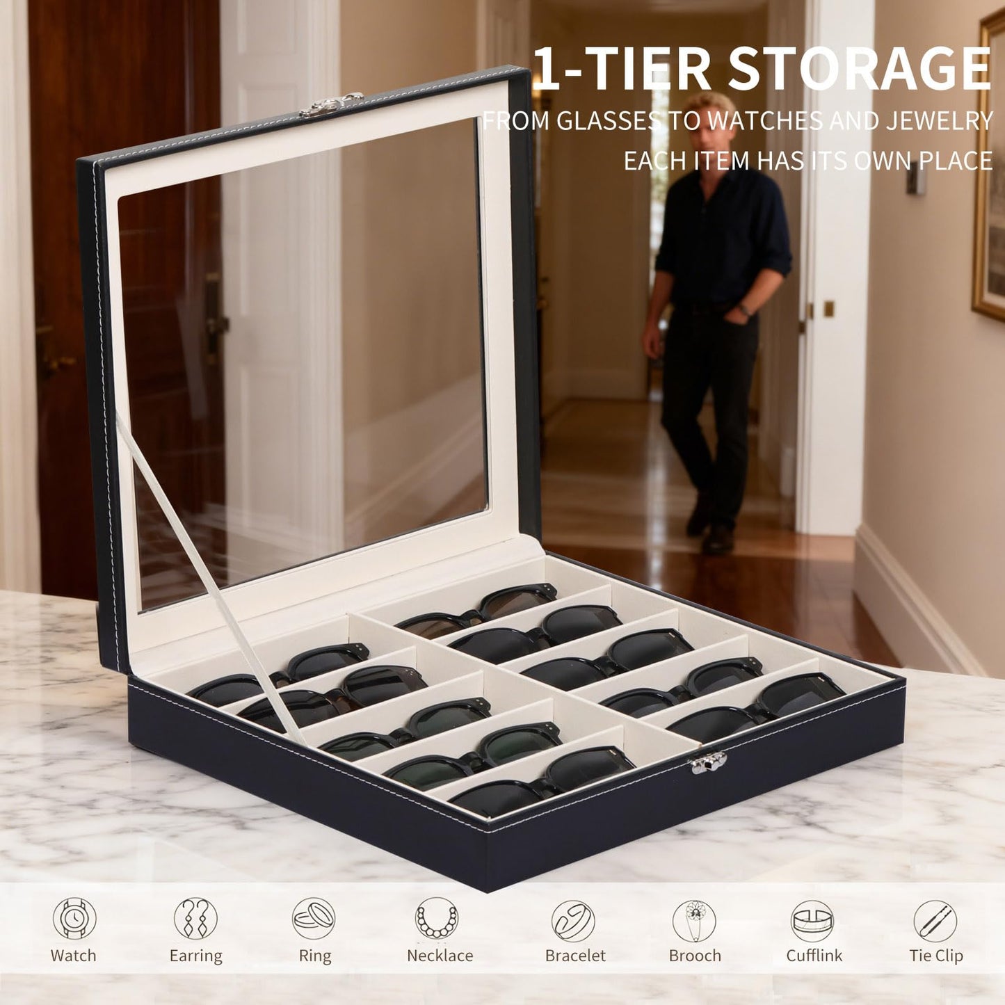 AUTOARK Large Top Glass Lid Sunglasses Organizer Case,10-Slot PU Leather Lockable Storage Box for Eyeglasses,Watch,Jewelry,Gift for Home,Black,MKAW-111