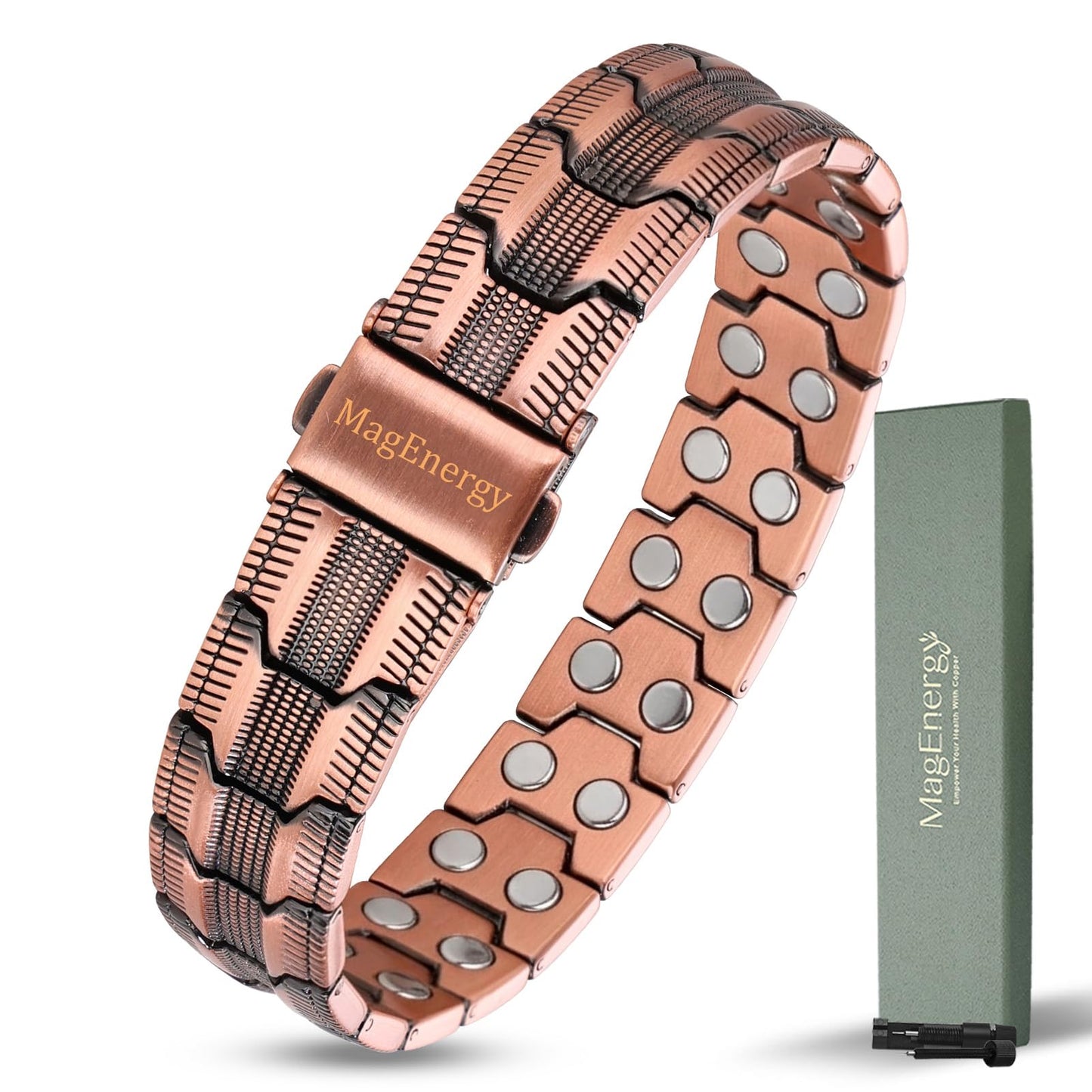 MagEnergy Copper Bracelet for Men, Strength Magnetic Bracelet with 3800 Gauss Magnets, 99.99% Copper, Adjustable Length with Sizing Tool, Premium Fold-Over Clasp