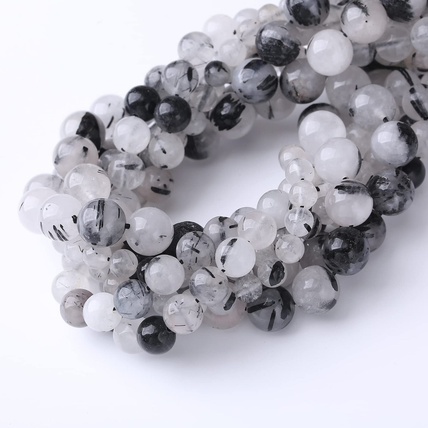 36PCS 10MM Natural Black Rutilated Quartz Stone Beads Energy Healing Beads for DIY Jewelry Bracelet Necklace Making for Jewelry Making15Inch