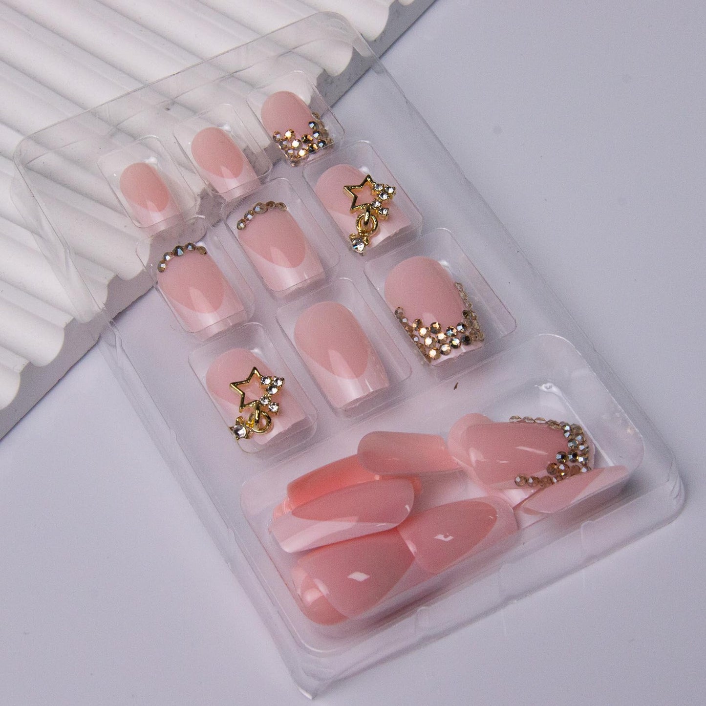 French Tip Press on Nails Square Fake Nails Gold Rhinestones False Nails with Gold Stars Charms Design Artificial Full Cover Glue on Nails for Women Manicure 24Pcs