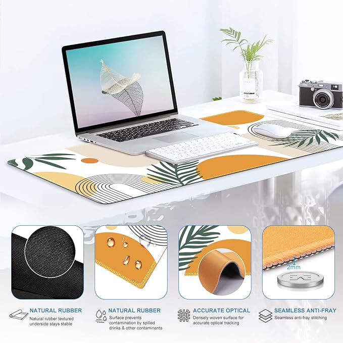 iCasso Mouse Pad and Keyboard Wrist Rest Set, 4in1 XXL Large Mousepad +Keyboard Pad+Mouse Wrist Rest+Coaster with Wrist Support, Ergonomic Desk Pad Mat for Home Office Table Computer-Elm Leaf