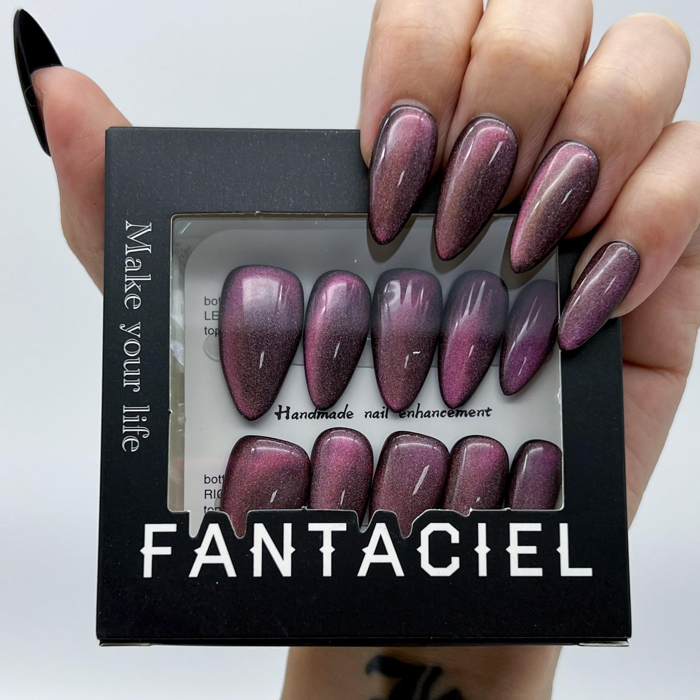 FANTACIEL 10 PCS Handemade Press On Nails Cat Eye Design Acrylic Nails Reusable Almond Fake Nails 519 Almond L