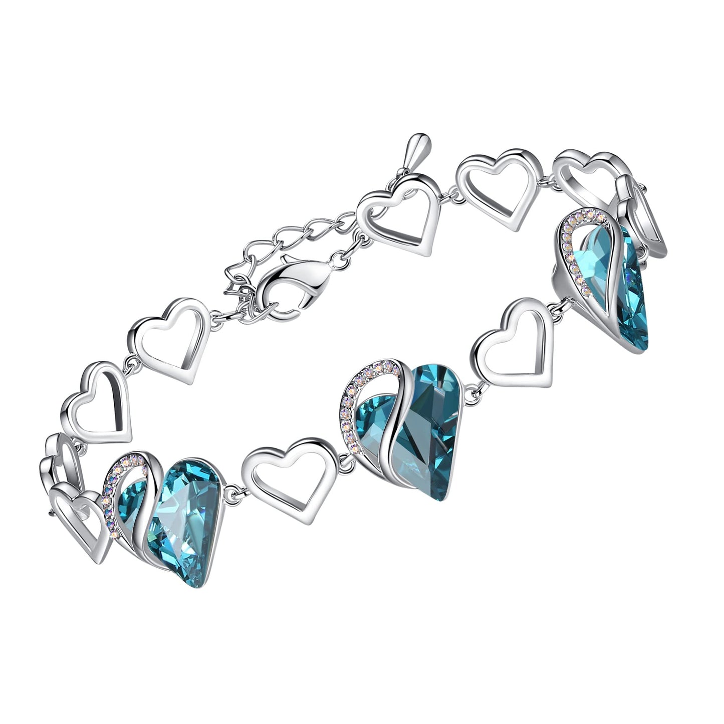 Leafael Infinity Love Heart Gift Bracelet for Women, December Birthstone Crystal, Indicolite Zircon Blue, Silver Tone, 7-inch Chain and 2-inch Extender