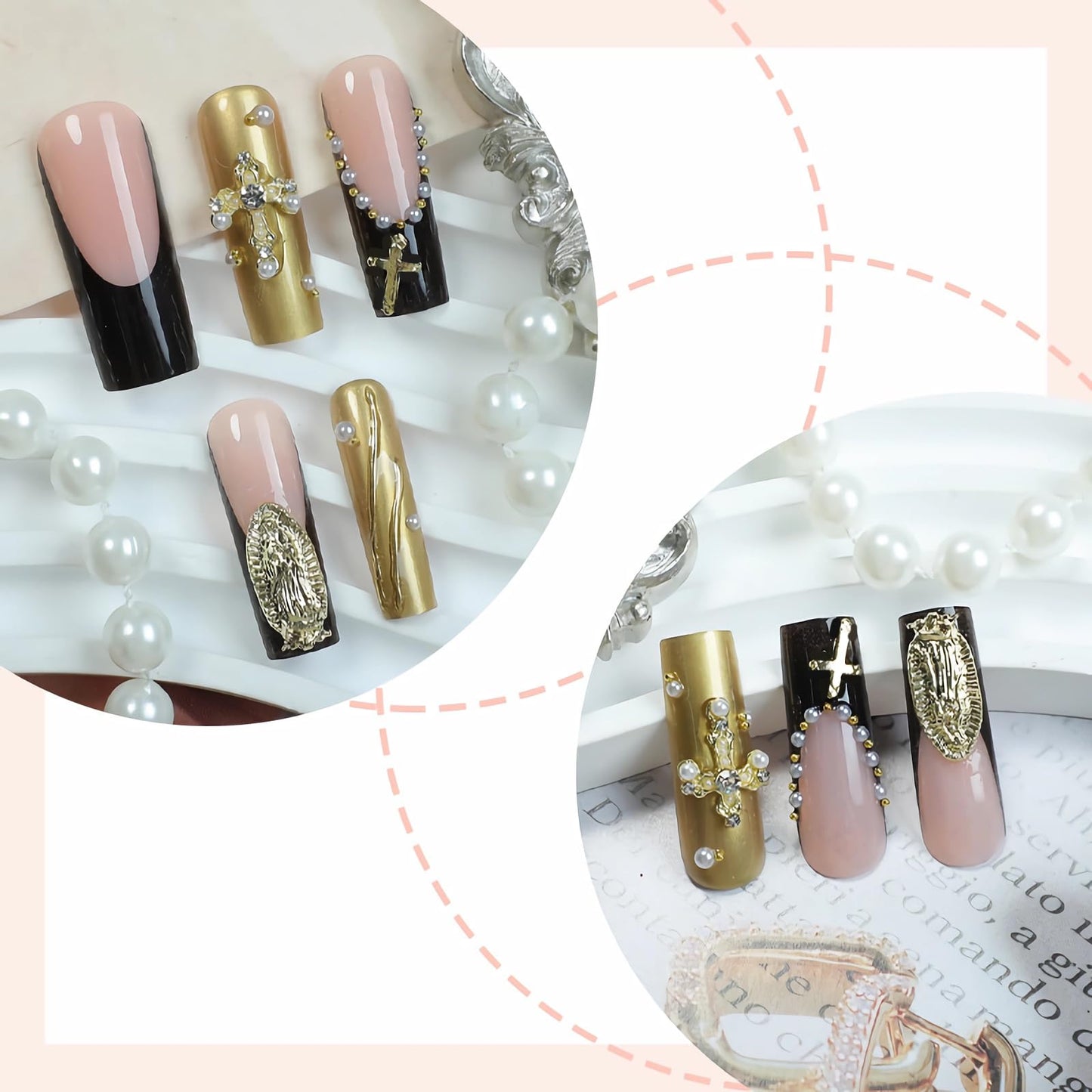 BABALAL Press on False Nails Long Square Fake Nails Black and Gold Chrome Gothic Glue on Cross Charm Luxury 3d Design French Tip Acrylic 24Pcs Y2k Handmade Custom Full Cover Gel Nails
