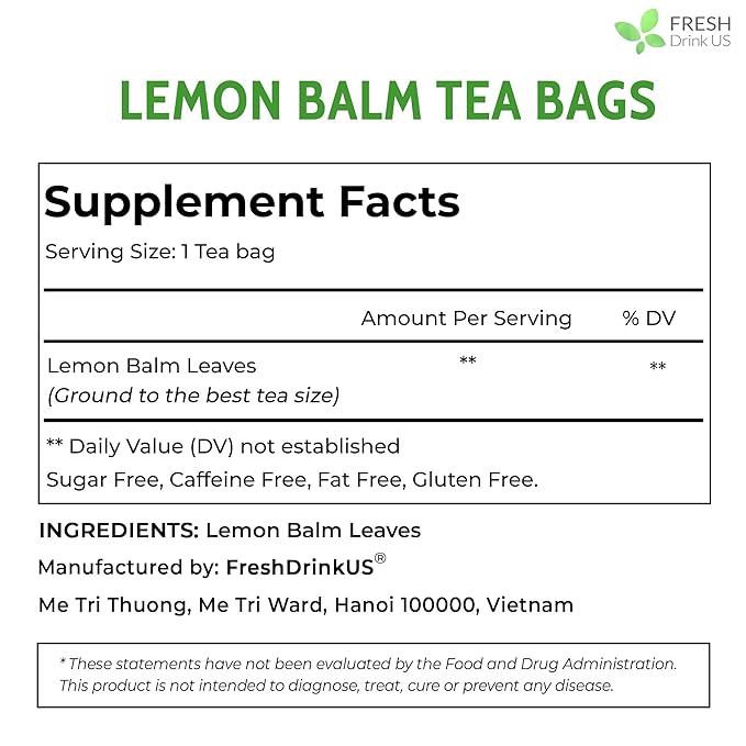 FreshDrinkUS, Lemon Balm Tea Bags | 75 Count |100% Pure Melissa officinalis – Naturally Calming Herbal Tea | Caffeine-Free, Premium Quality, Refreshing Flavor, Sustainably Sourced