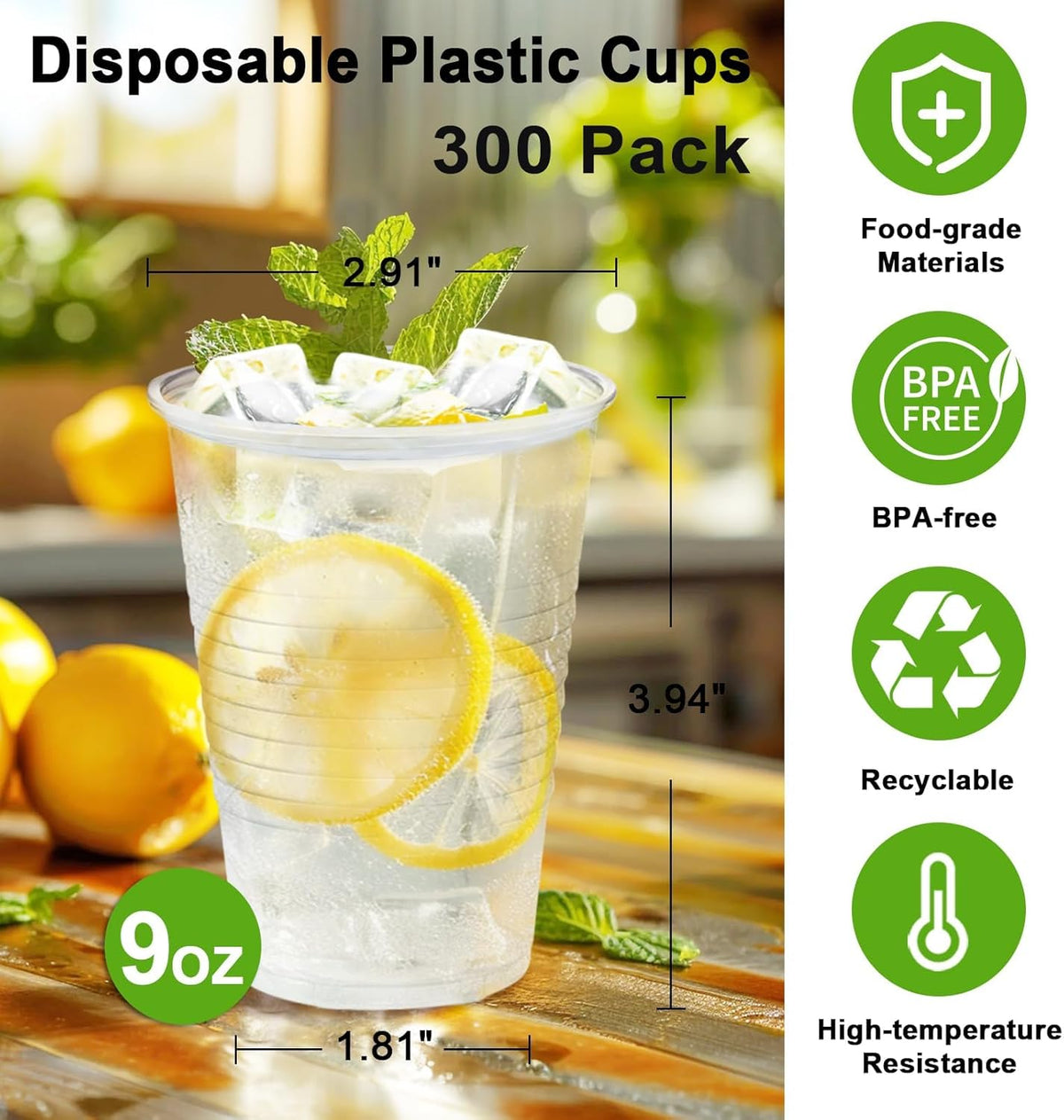Lamosi 9 oz Clear Plastic Cups, 300 Count Disposable Plastic Drinking Cups, Cold Water Cups for Party, Wedding, Travel, Events